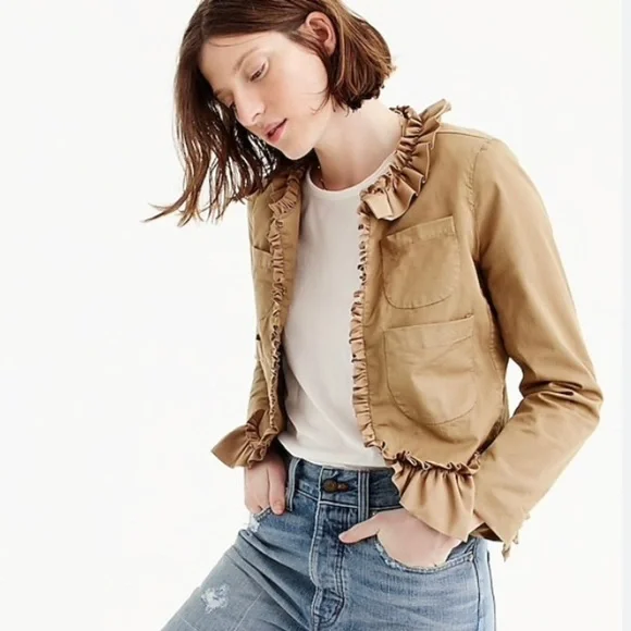 J Crew Tan Frill Peplum Crop Jacket with seersucker lining accents Size 6 - Picture 2 of 12